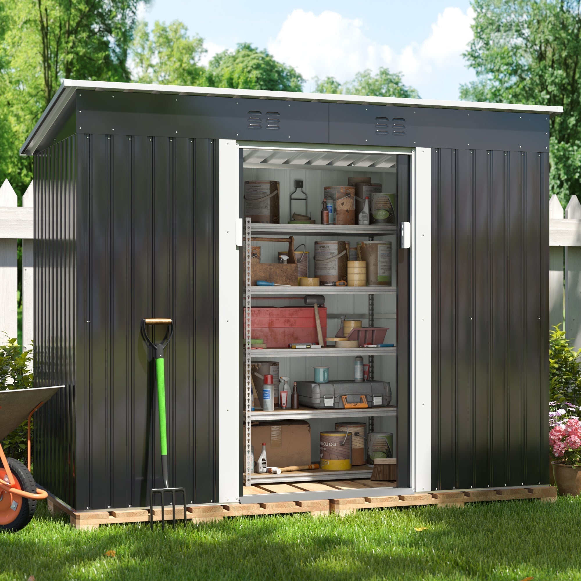 HOGYME 4.2' x 9.1' Outdoor Metal Storage Shed, Garden Tool House with 2 Vents, 2 Sliding Doors for Backyard Patio Lawn, Gray - Walmart.com