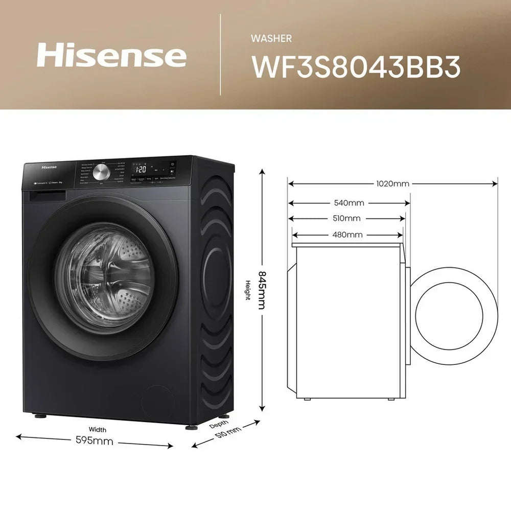 Hisense 3S Series WF3S8043BB3 WiFi-enabled 8kg 1400 Spin Washing Machine Black - A Rated