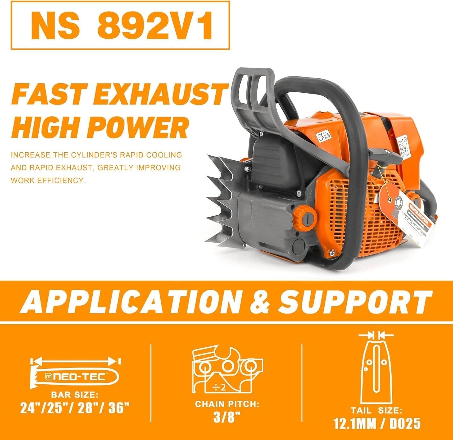 NEO-TEC Chainsaw NS892V 92CC Gas Chain Saw Fit 24/28/36/42 Inch Bar, For Big Wood Cutting, All Parts Fit MS660 066 G660 Chainsaws Without Bar