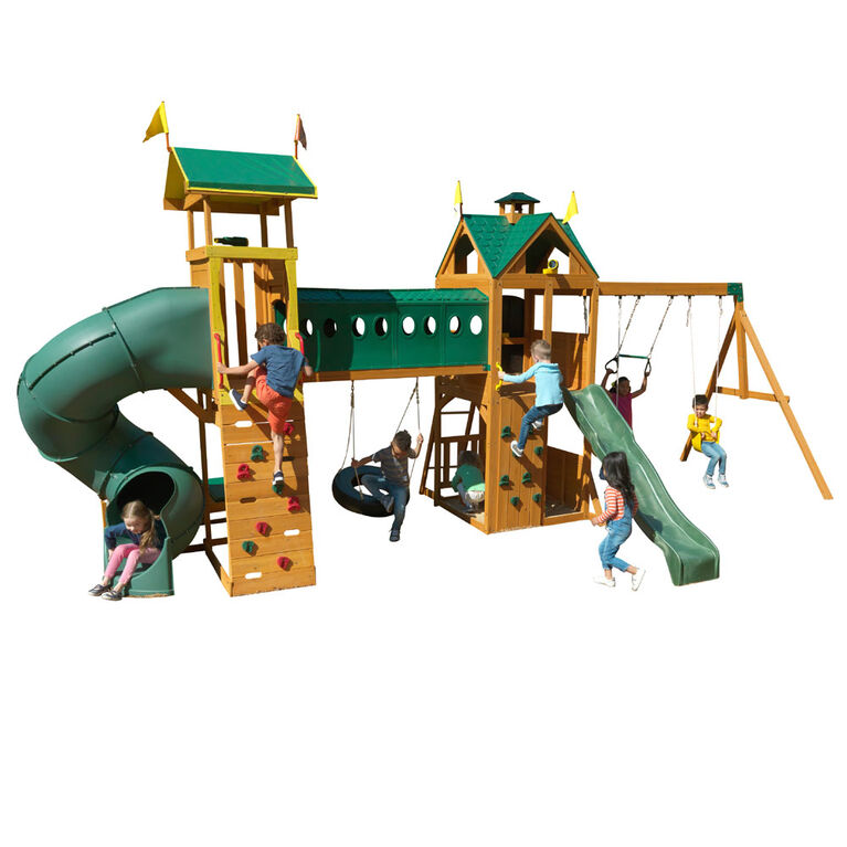 KidKraft Mockingbird View Wooden Swing Set / Playset with Tower, Hoop, Tunnel, and Tire Swing