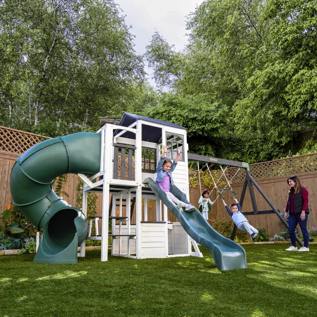 Wrangler Way Wooden Swing Set / Playset with Playhouse, 2 Slides and 3 Swings