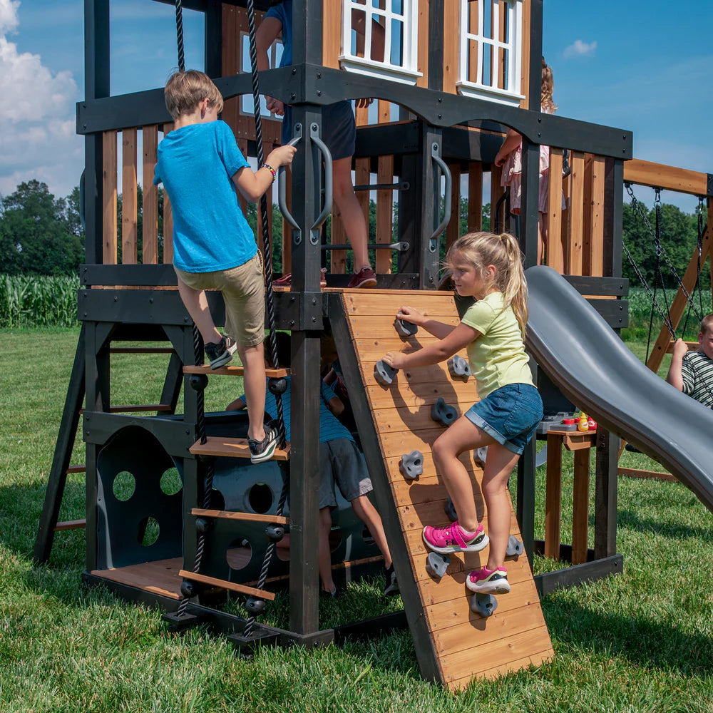 Backyard Discovery Mystic Tower Multi-Level Cedar Swing Set with Hidden Climbing Tower