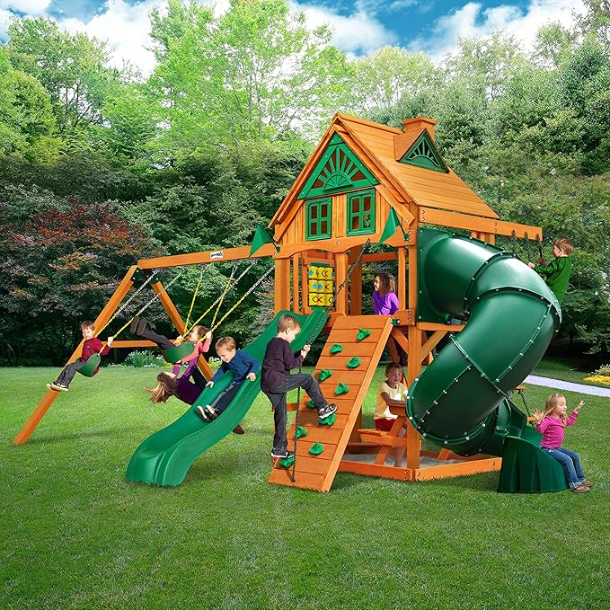 Gorilla Playsets Mountaineer Treehouse Wooden Swing Set with Tube Slide, Rope Ladder, and Sandbox