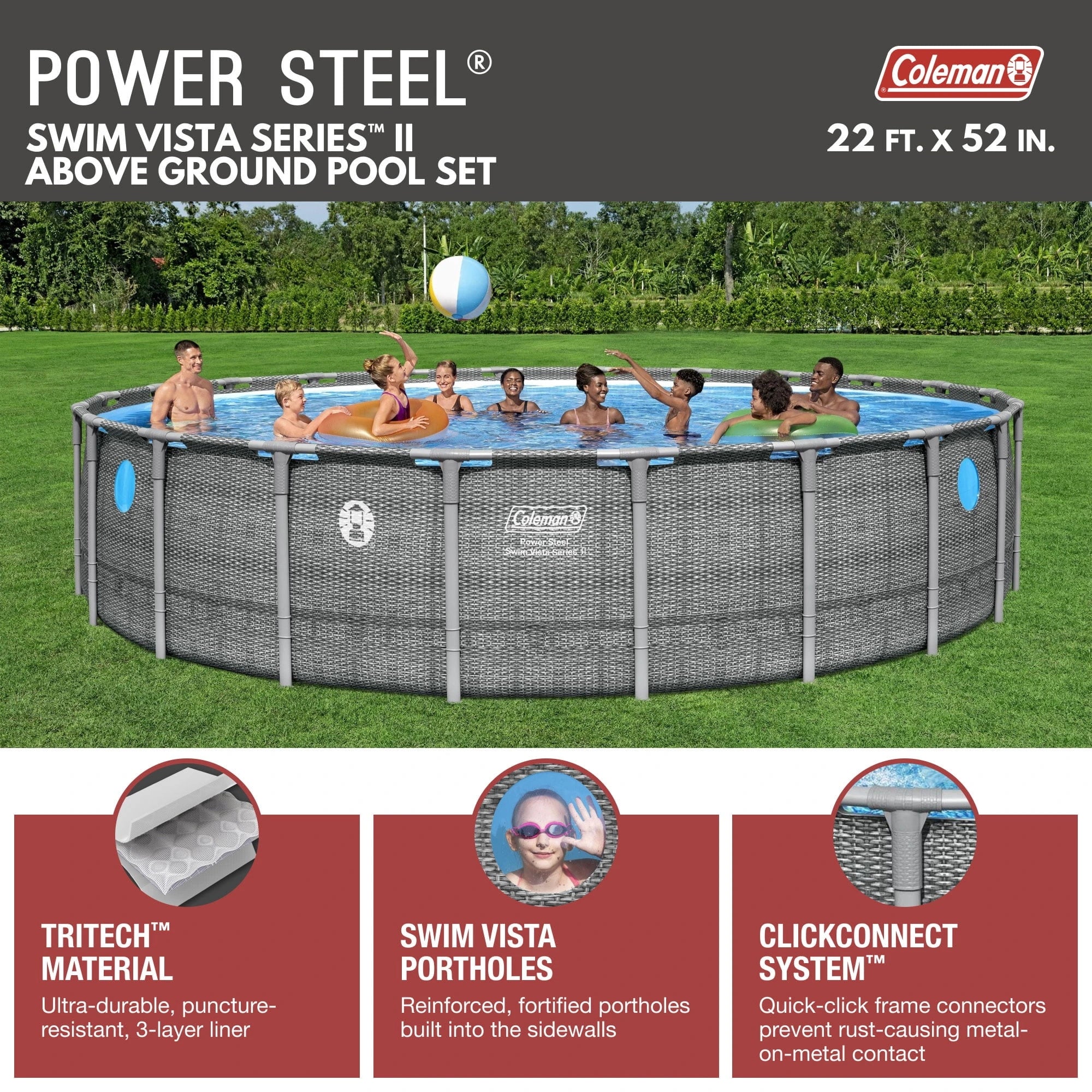 Coleman Power Steel 22’x52” Metal Frame Above Ground Pool w/ Pump, Ladder, & Cover, Gray