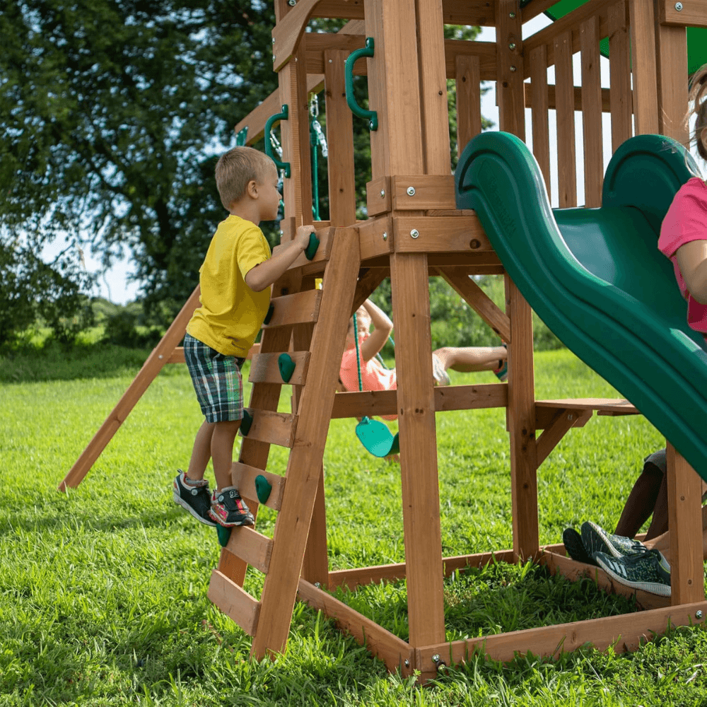 Canyon Creek All Cedar Swing Set Playset w/ Rockwall Upper Fort Belt Swings Web Swing Gray Wave Slide, and Play Kitchen