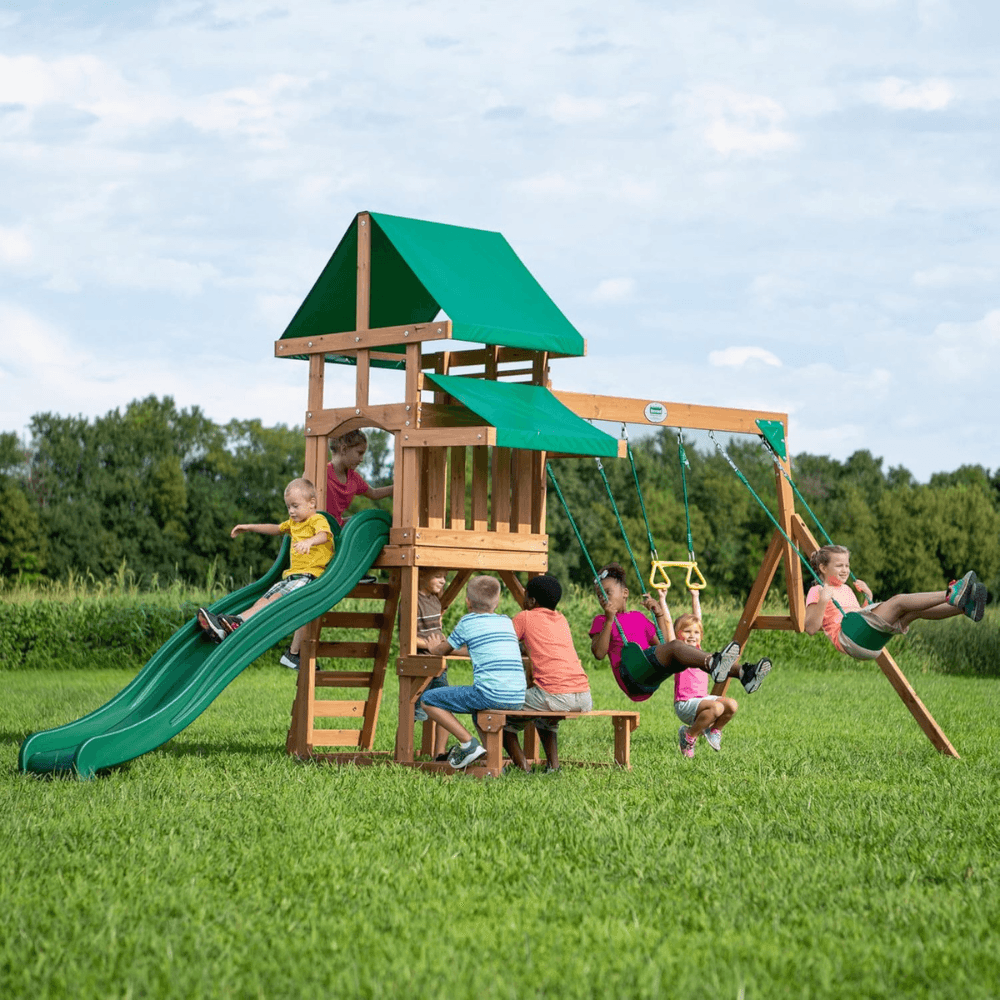 Canyon Creek All Cedar Swing Set Playset w/ Rockwall Upper Fort Belt Swings Web Swing Gray Wave Slide, and Play Kitchen