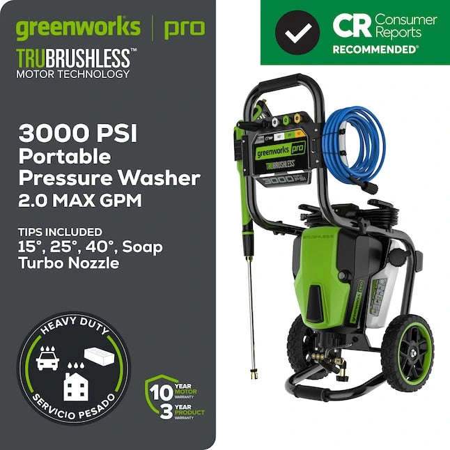 Greenworks 3000-PSI 2.0-GPM Cold Water Electric Pressure washer with 5 Spray Tips
