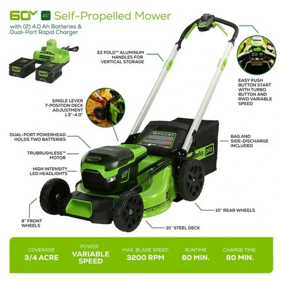 Greenworks 60V 21″ Brushless Self-Propelled Battery Powered Lawn Mower + (2) 4.0Ah Batteries & Dual Port Charger