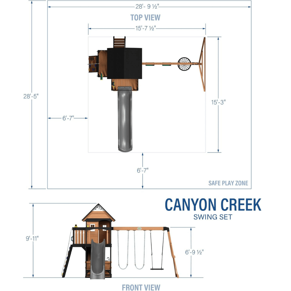 Canyon Creek All Cedar Swing Set Playset w/ Rockwall Upper Fort Belt Swings Web Swing Gray Wave Slide, and Play Kitchen