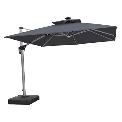 PURPLE LEAF Double Top Deluxe Solar Powered LED Square Patio Umbrella Offset Hanging Umbrella Outdoor Market Umbrella Garden Umbrella,300 x 300 cm,Grey