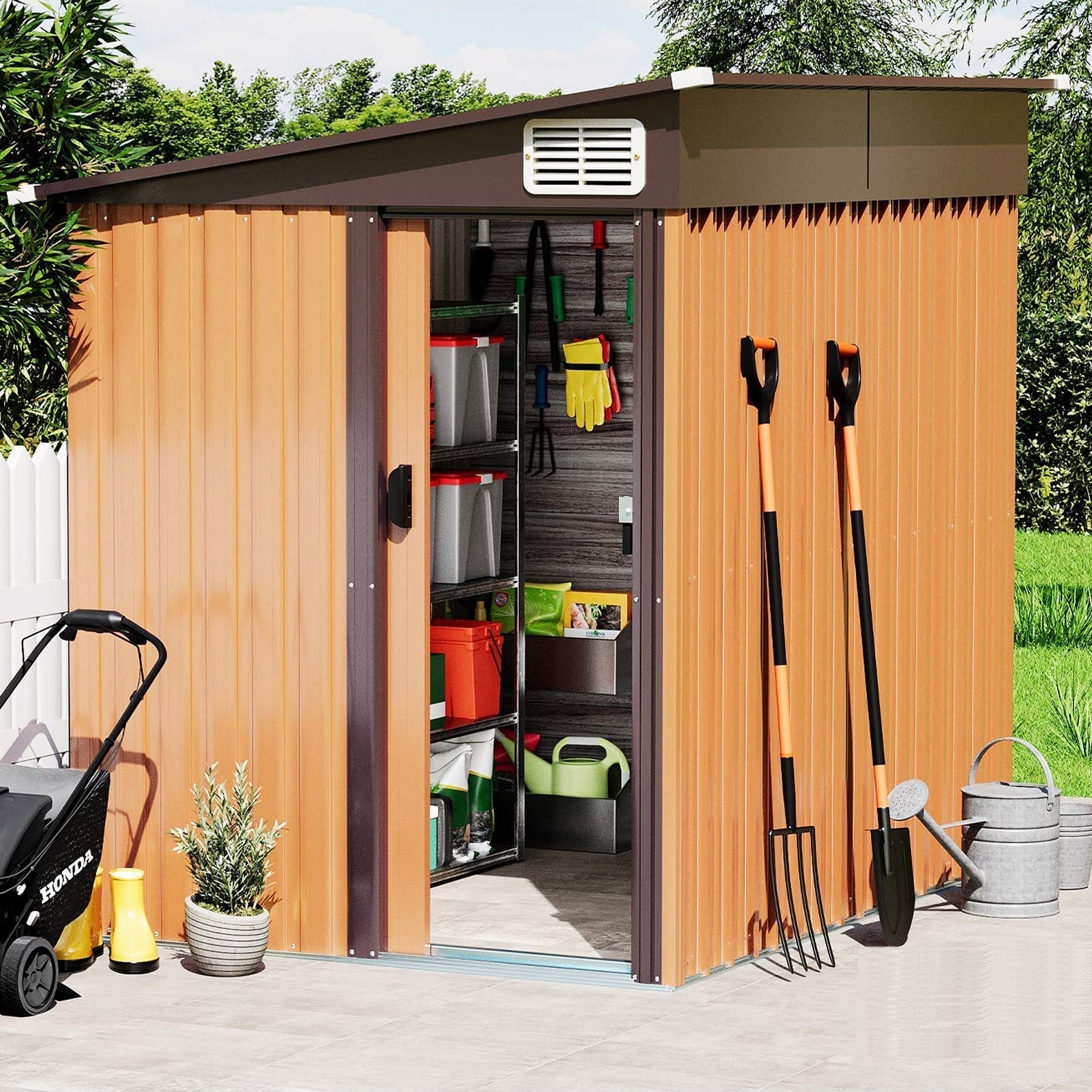 7' x 5' Outdoor Metal Storage Shed Garden Shed with Lockable Doors and Vents, Tools Shed Bike Shed Pet House for Backyard, Patio, Lawn, Brown - Walmart.com