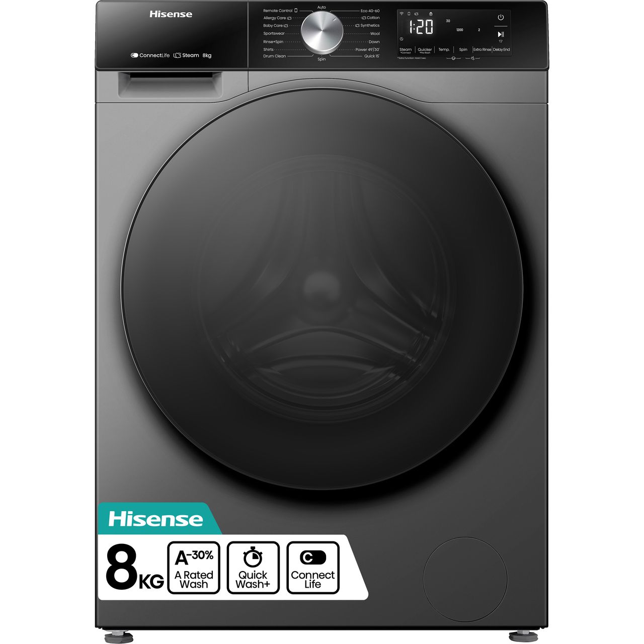 Hisense 3S Series WF3S8043BT3 8kg WiFi Connected Washing Machine with 1400 rpm - Titanium - A Rated