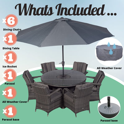 Arizona Luxury 6 Seater Grey Rattan Dining Set with Ice Bucket Drinks Cooler | Outdoor Poly Rattan Garden Table & Chairs Set with Parasol & Cover