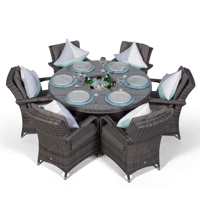 Arizona Luxury 6 Seater Grey Rattan Dining Set with Ice Bucket Drinks Cooler | Outdoor Poly Rattan Garden Table & Chairs Set with Parasol & Cover