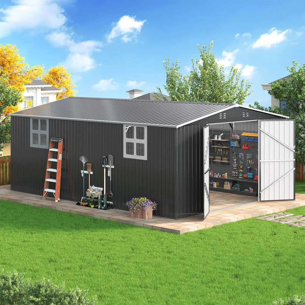 12 ft. W x 18 ft. D Large Outdoor Metal Shed, All-Steel Construction with Windows and Lockable Doors