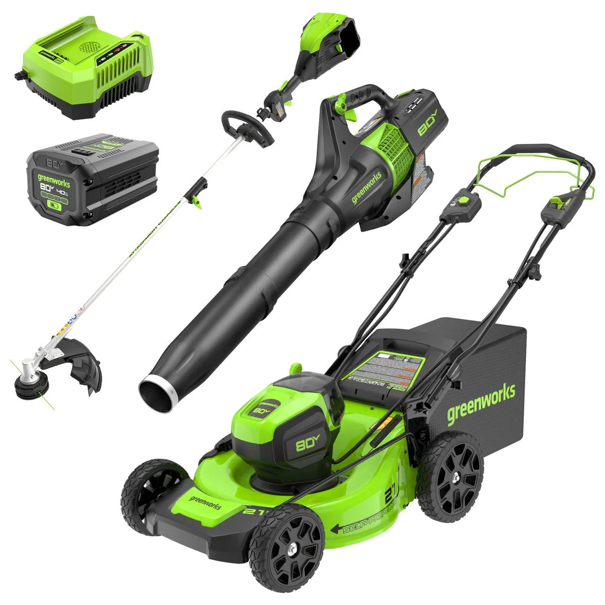 Greenworks 80V 21″ Cordless Battery Brushless Self-Propelled Mower 3pc Combo Kit