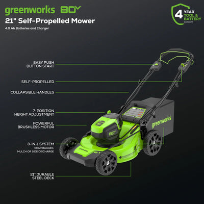 Greenworks 80V 21″ Cordless Battery Brushless Self-Propelled Mower 3pc Combo Kit