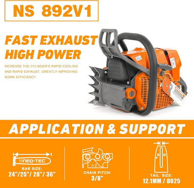 NEO-TEC Chainsaw NS892V 92CC Gas Chain Saw Fit 24/28/36/42 Inch Bar, For Big Wood Cutting, All Parts Fit MS660 066 G660 Chainsaws Without Bar