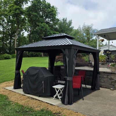 PURPLE LEAF 10X14 Patio Gazebo for Backyard Grey Hardtop Galvanized Steel Roof Awning with Upgrade Curtain