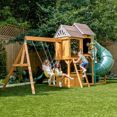 KidKraft Laurel Retreat Multi-Level Clubhouse Swing Set with Two Slides and Two Swings