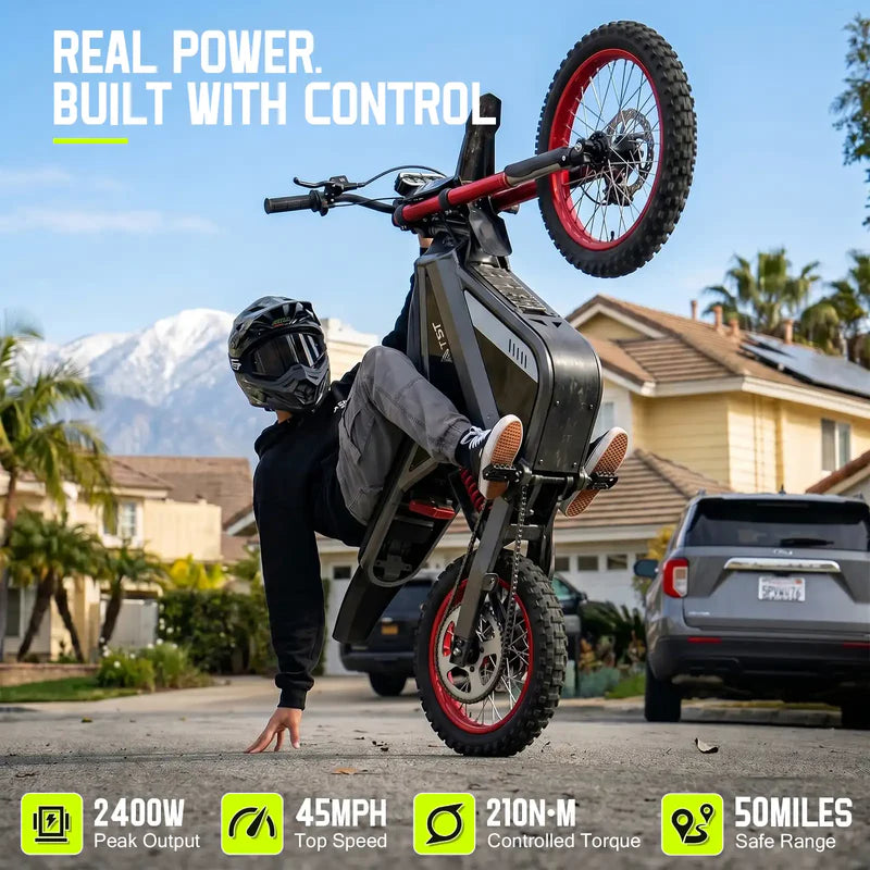 TST GT63 Electric Dirt Bike, 2400W Brushless Hub Motor, 45 MPH Top Speed, 48V 22.5Ah Battery with 50 Mile Range, 210Nm Torque, Front Hydraulic Suspension