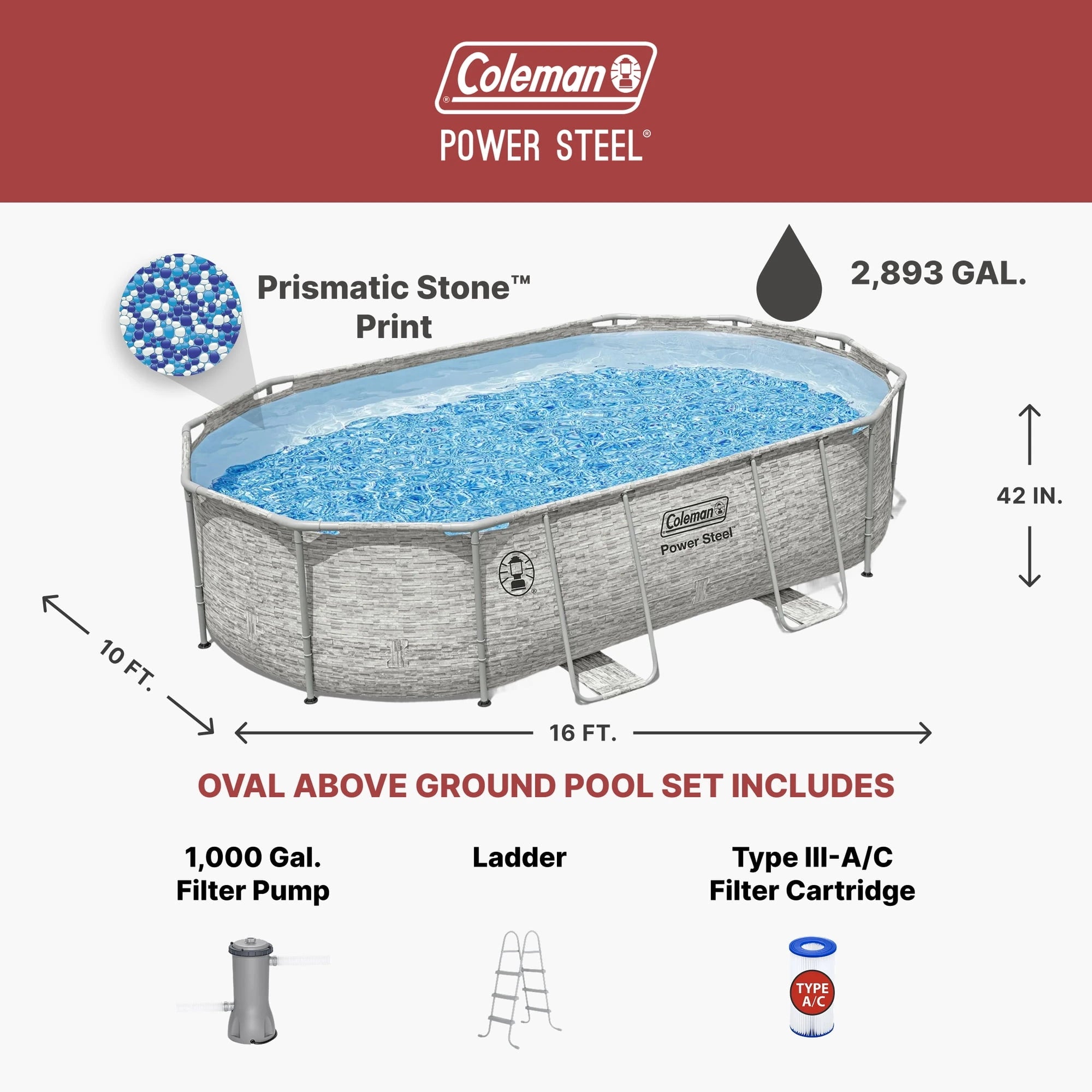 Coleman Power Steel 16′ x 10′ x 42″ Oval Above Ground Pool Set
