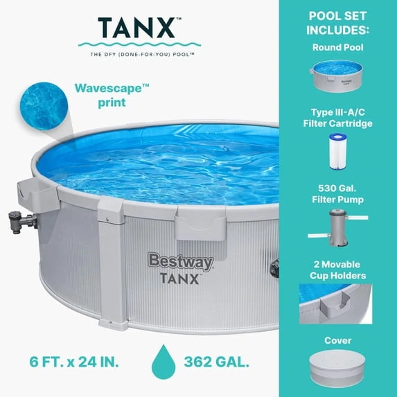 Bestway TANX 6′ x 24″ Round Above Ground Stock Tank Metal-Walled Above Ground Pool, All-in-One Set