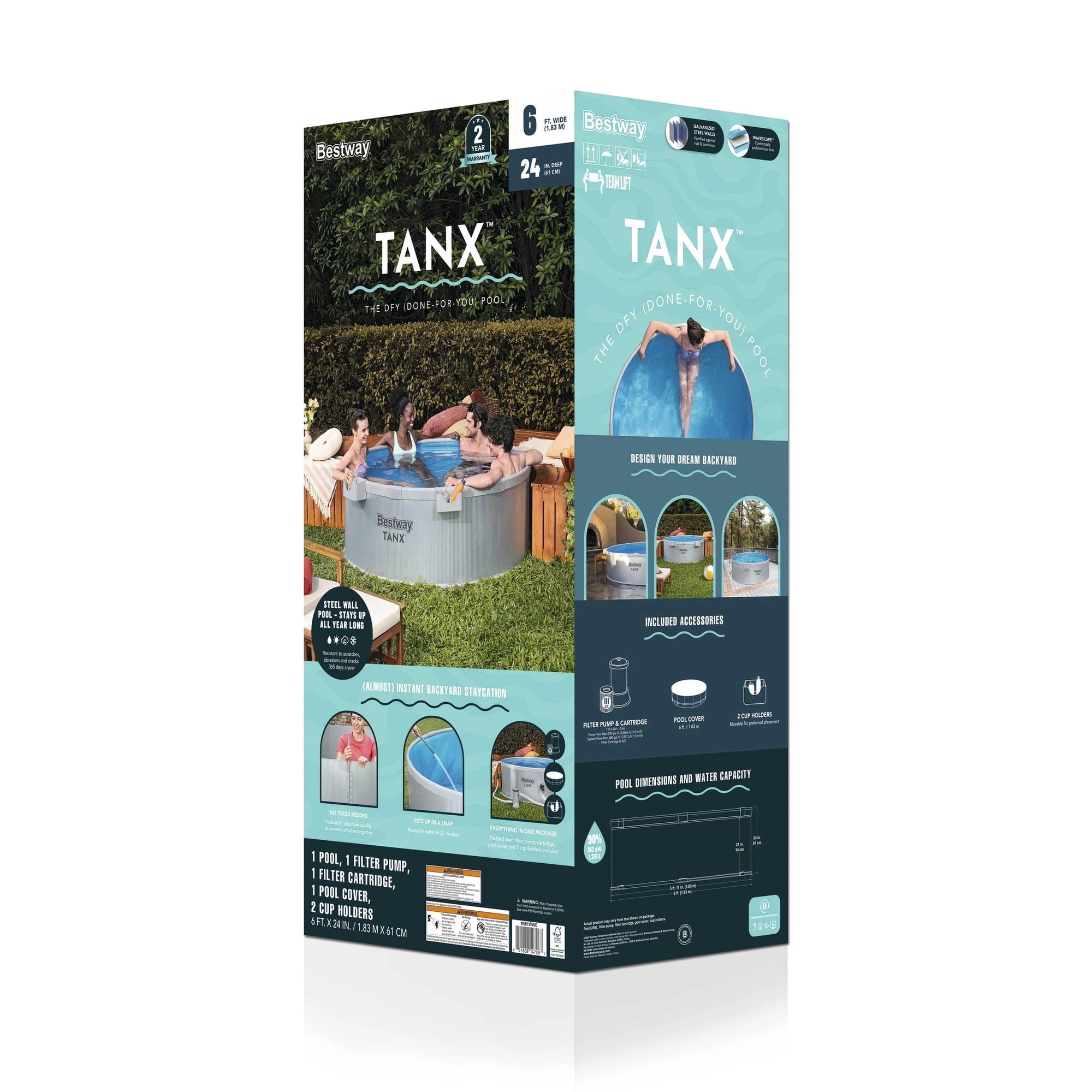 Bestway TANX 6′ x 24″ Round Above Ground Stock Tank Metal-Walled Above Ground Pool, All-in-One Set