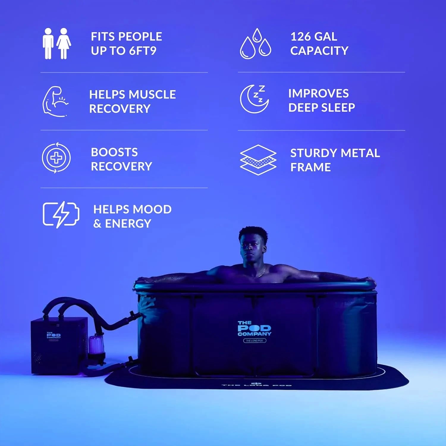 The Pod Company Long Pod Cold Plunge – 126-Gallon Extra-Large Inflatable Ice Bath Tub for Cold Water Therapy – Full-Body Stretch Design, Insulated & Water Chiller Compatible