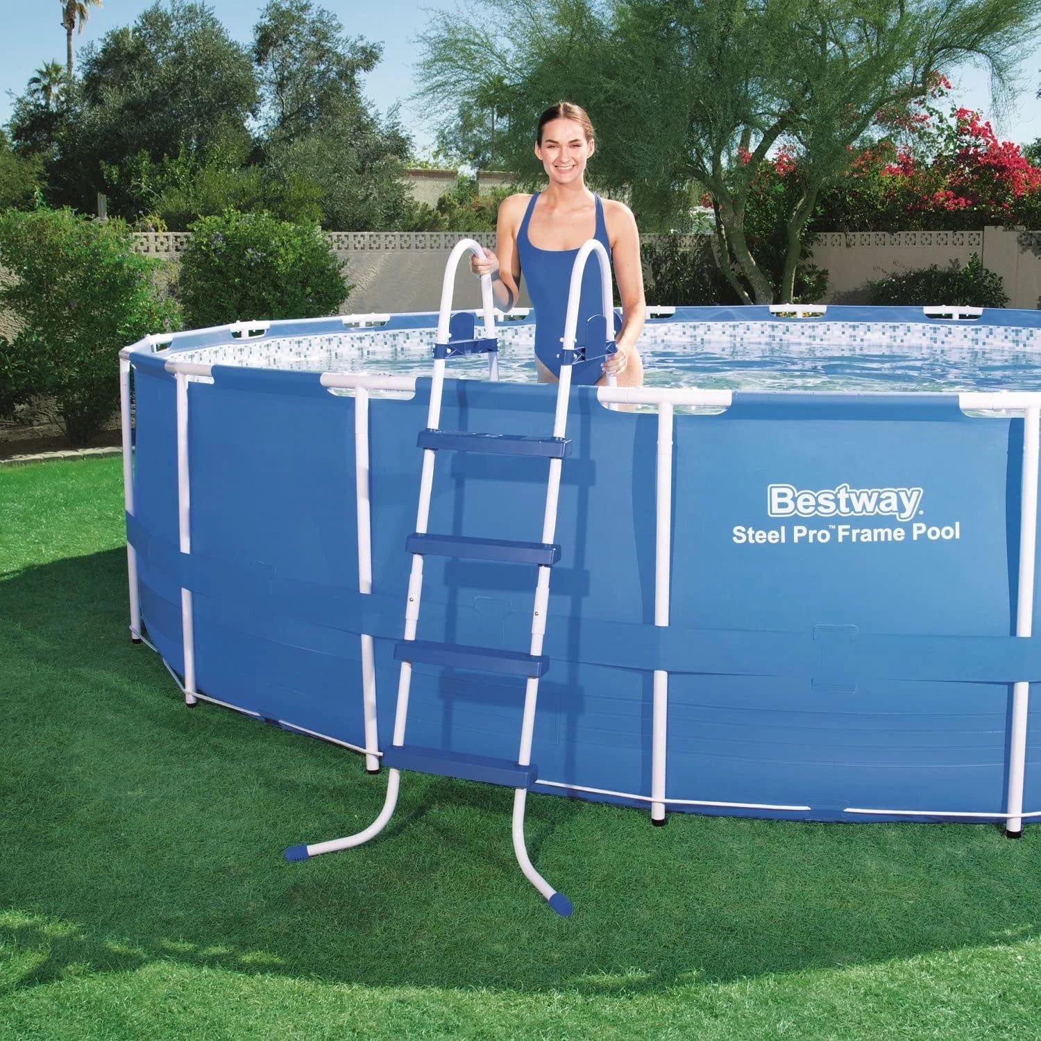 Bestway Steel Pro MAX 15′ x 48″ Round Above Ground Swimming Pool & Pool Ladder