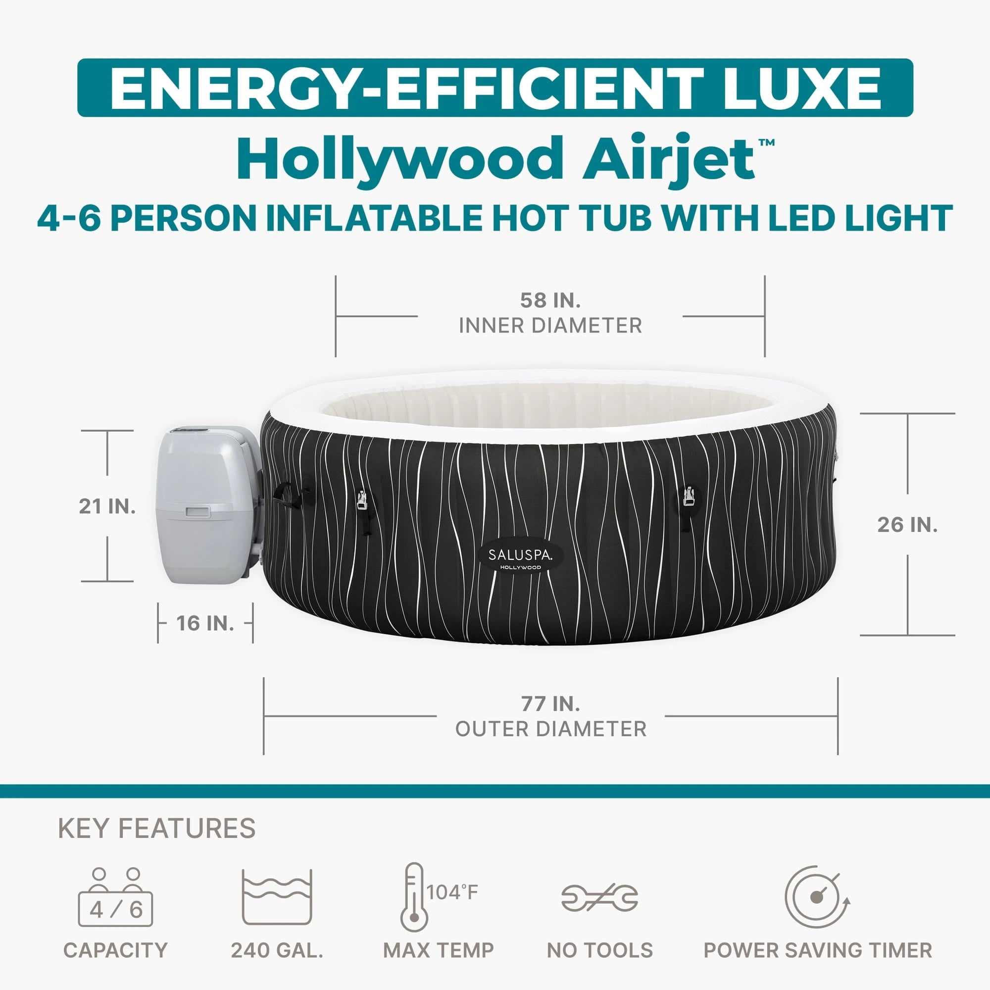 Bestway SaluSpa Hollywood Luxe 4-6 Person Inflatable Hot Tub, Round Energy-Efficient Spa, 77″ x 26″