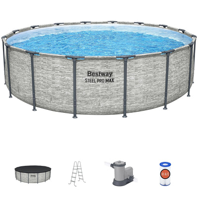 Bestway: Steel Pro MAX – 16′ x 48″, Grey -Round Above Ground Swimming Pool Set, ClickConnect Frame, Tritech, Filter Pump-Ladder-Cover, 5145 Gal Water