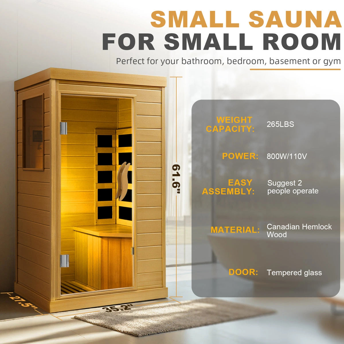HomeMiYN Far Infrared Wood Sauna Box ,traditional Sauna Room Indoor Home Spa Low-emf Dry Saunas Single Person Spa Canada Hemlock,nature