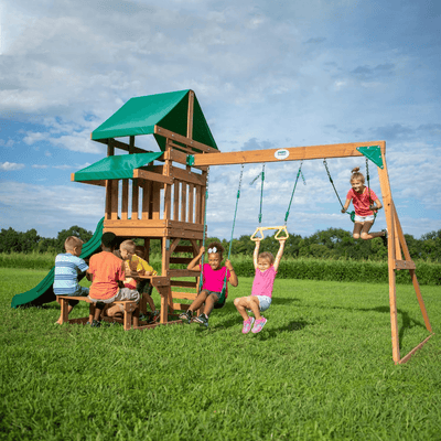 Canyon Creek All Cedar Swing Set Playset w/ Rockwall Upper Fort Belt Swings Web Swing Gray Wave Slide, and Play Kitchen