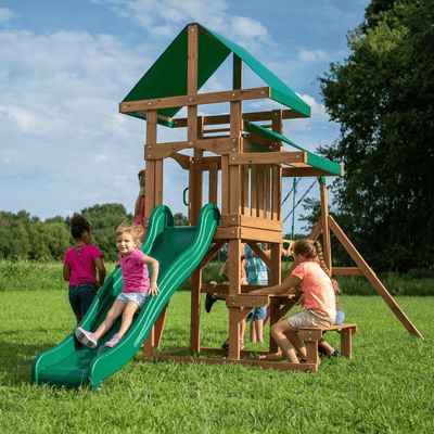 Canyon Creek All Cedar Swing Set Playset w/ Rockwall Upper Fort Belt Swings Web Swing Gray Wave Slide, and Play Kitchen