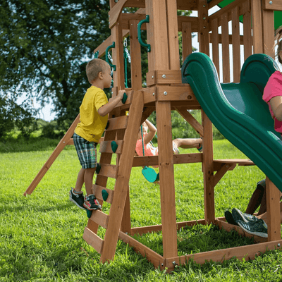 Canyon Creek All Cedar Swing Set Playset w/ Rockwall Upper Fort Belt Swings Web Swing Gray Wave Slide, and Play Kitchen