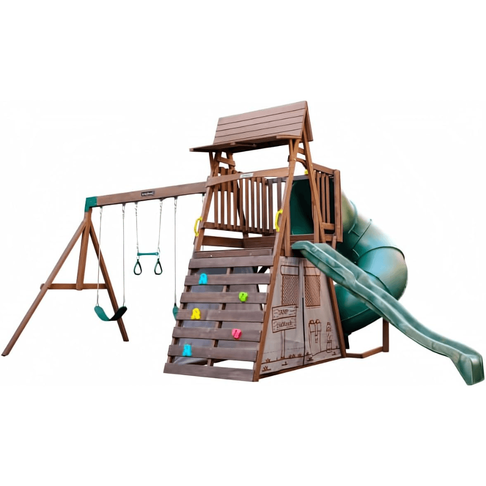 Ranger Retreat Wooden Swing Set/Playset with Tent, Tube Slide and 3-Swings