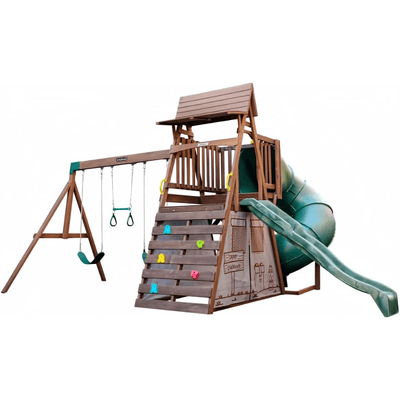 Ranger Retreat Wooden Swing Set/Playset with Tent, Tube Slide and 3-Swings
