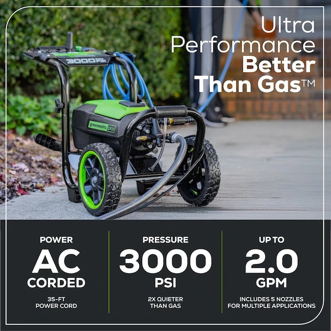 Greenworks 3000-PSI 2.0-GPM Cold Water Electric Pressure washer with 5 Spray Tips