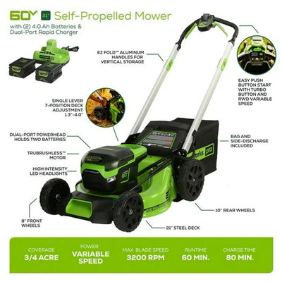 Greenworks 60V 21″ Brushless Self-Propelled Battery Powered Lawn Mower + (2) 4.0Ah Batteries & Dual Port Charger