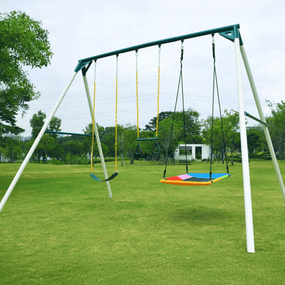 9.5′ Heavy Duty Metal Swing Set with Belt Swing, Trapeze Bar