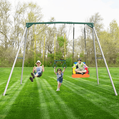 9.5′ Heavy Duty Metal Swing Set with Belt Swing, Trapeze Bar