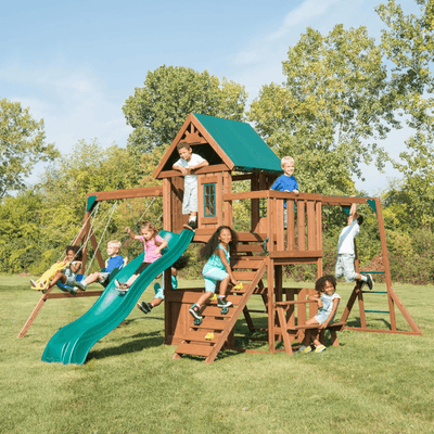 Knightsbridge Plus Complete Wooden Outdoor Playset with Monkey Bars, Slide, Rock Wall and Swing Set Accessories