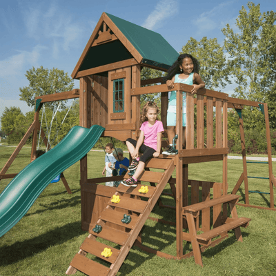 Knightsbridge Plus Complete Wooden Outdoor Playset with Monkey Bars, Slide, Rock Wall and Swing Set Accessories